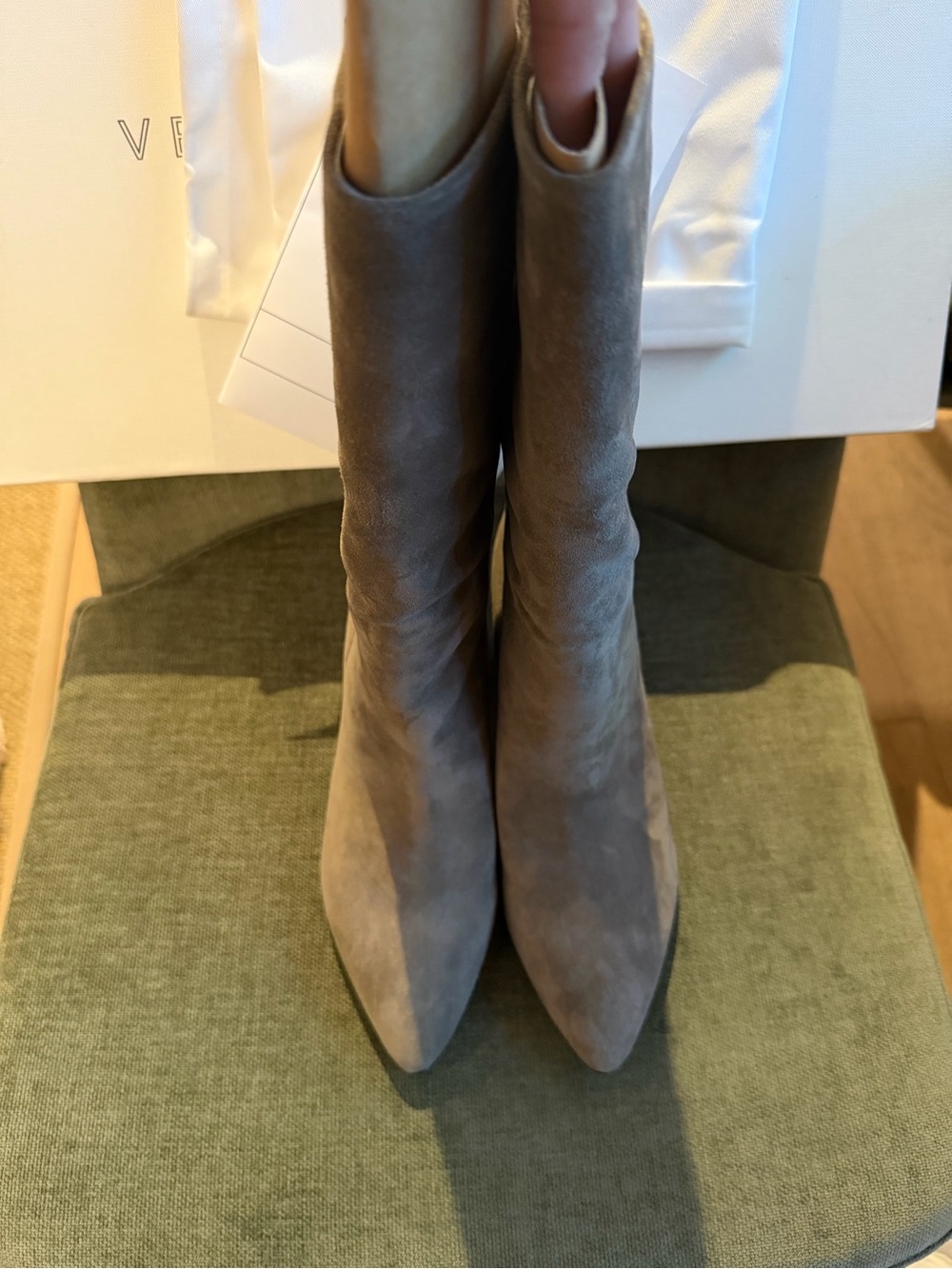 Veronica Beard Taupe Suede Pointed Toe Mid-Calf Boots